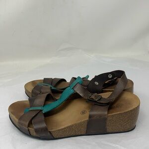 Lola Sabbia for Eric Michael Leather Cork Platform Sandals Brown Teal EU 38 US 8